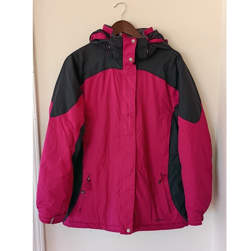 Vintage LL Bean Womens Insulated Winter Jacket Pink Gray Hooded Parka Large Reg